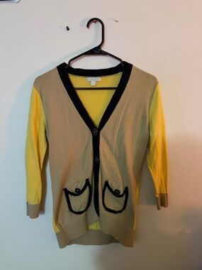 New York & Company Yellow and Tan V-Neck Button Cardigan with Black Trim